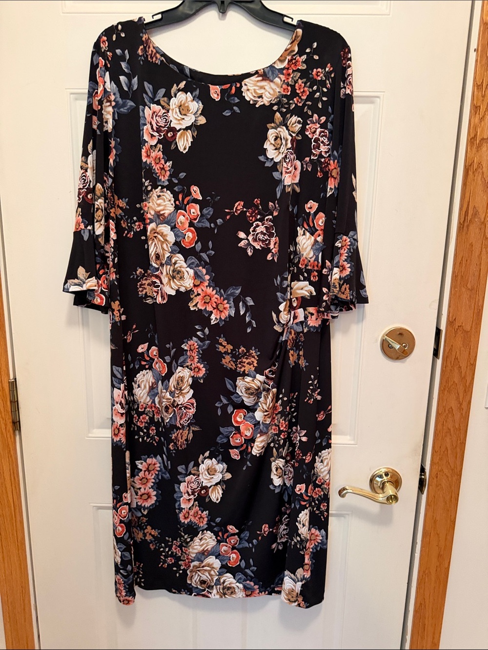 Connected Apparel Floral Sheath Dress with Ruching and Trumpet Sleeves.   18W